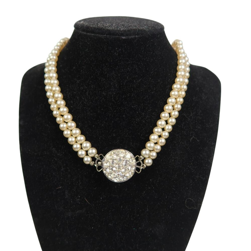 Vintage 80s Faux Pearl Double Strand Choker Necklace Rhinestone Pendant